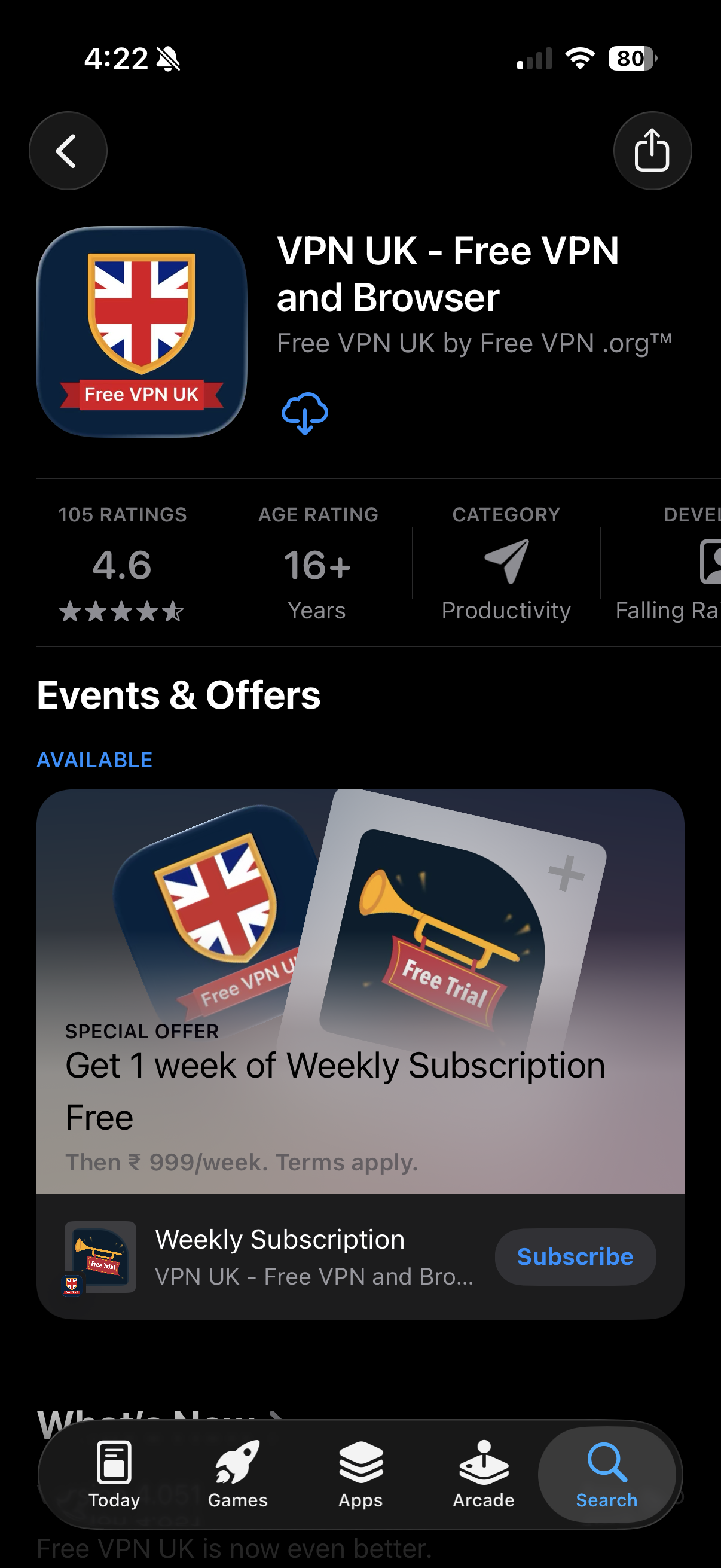 VPN UK App Store listing with its download control