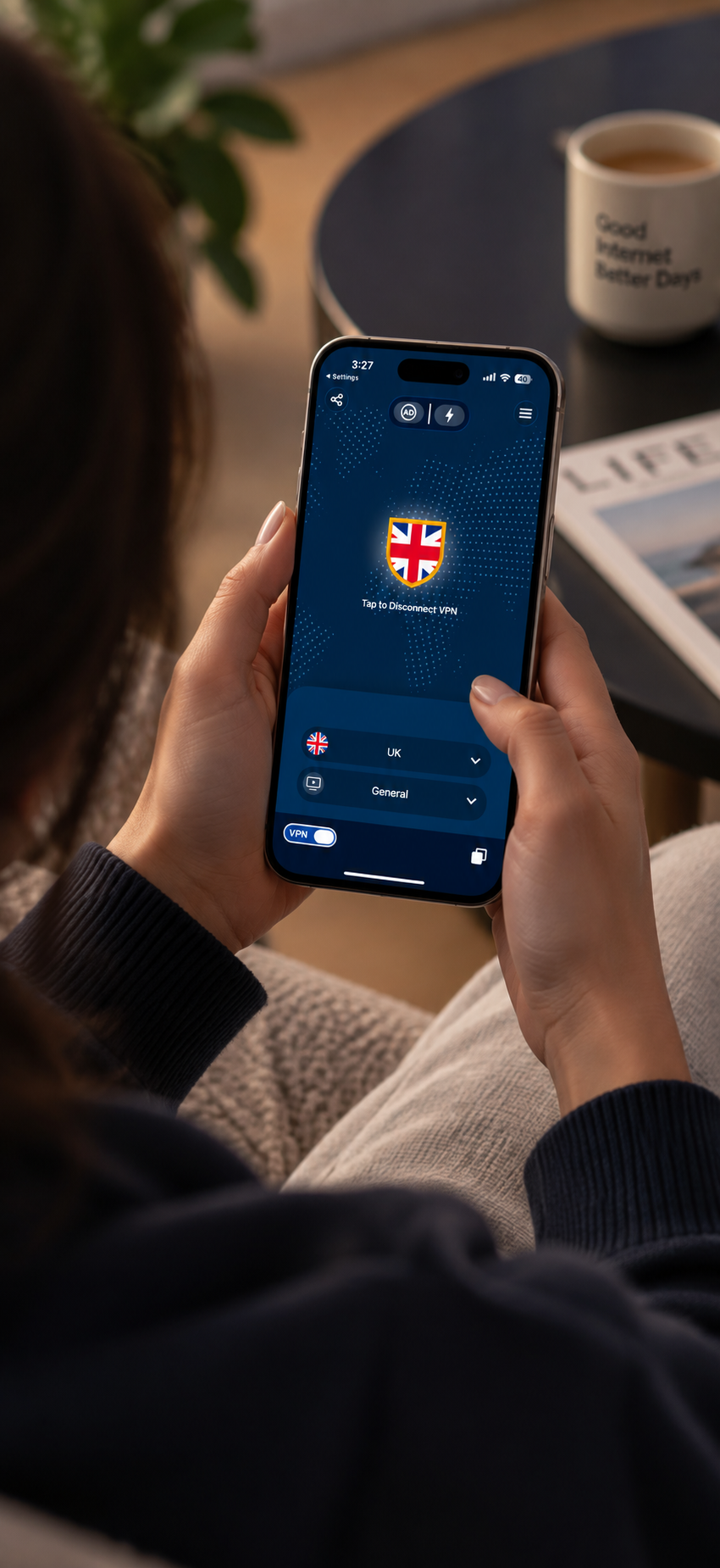 Person using the connected VPN UK app on an iPhone