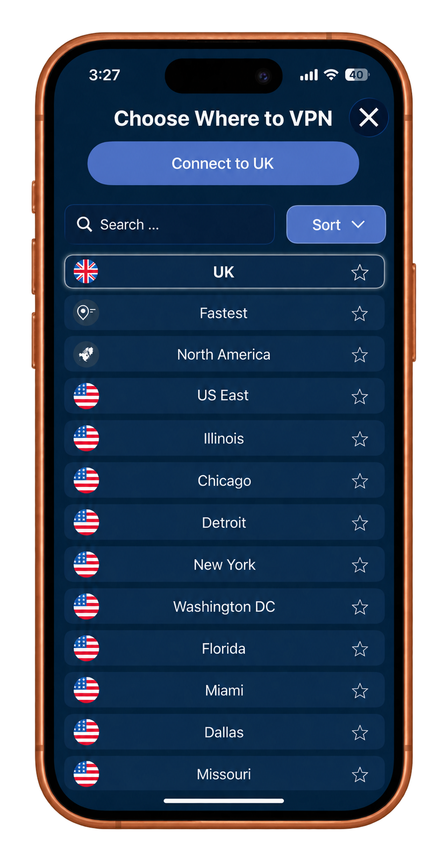 iPhone showing the VPN UK region selector with UK and global locations